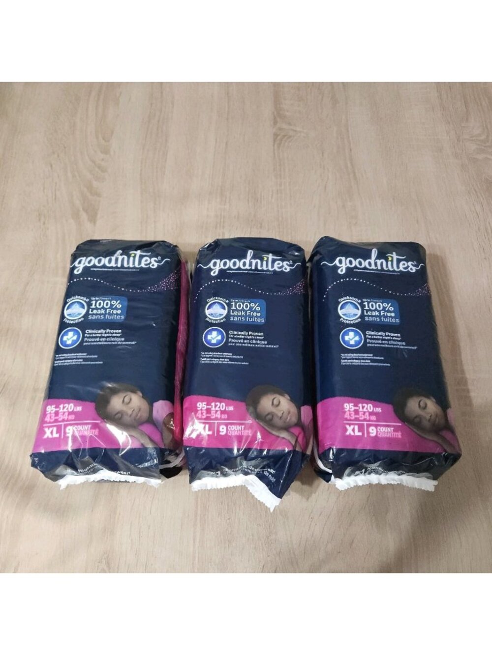 Goodnites Girls Nighttime Underwear, XL (95-120lbs), 9ct, Lot of 3, 27 Total